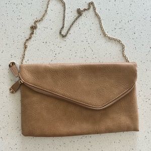 Tan Clutch with detachable gold chain